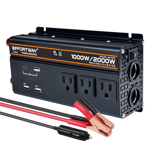 Image of EFFORTWAY 1000 watt Power Inverter for Vehicles 12V to 110V/120V Converter 2000 watt Peak with 3 AC Out, 3 USB, Type-C Charger, and Cigarette Lighter Ports for Smartphones Laptops Tablets