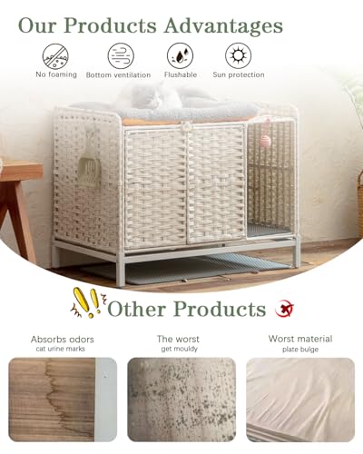 Image of SETVSON Cat Litter Box Enclosure Furniture with Divider, Hidden House White | Handwoven PE Rattan with Washable Mat, 3.54-In Heightened Metal Feet, 31.2 x 19.6 x 24.2 Inches Spacious Cabinet
