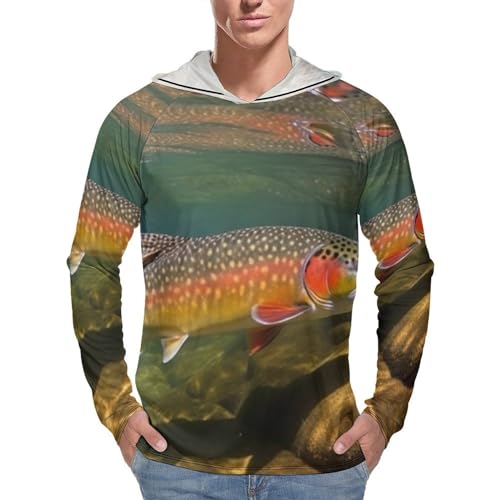 Men's Sun Protection Hoodie Shirts UPF 50+ Long Sleeve Rash Guard Brook Trout Fly Fishing Sun Shirt Outdoor
