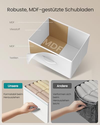 SONGMICS Kommode, Schrank, 4 Stoffschubladen, Aufbewahrungsschrank, Stahl, MDF, Vliesstoff, für Schlafzimmer, Flur, Wohnzimmer, wolkenweiß-schneeweiß LGS314WH01