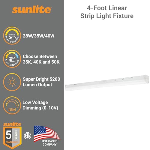 Image of Sunlite 4-Foot LED Linear Strip Light Fixture, Power Selectable 28W /35W /40W, 120-277 Volts, 3640-5200 Lmns, Color Selectable 35K /40K /50K, Dimmable, ETL & DLC Listed, RoHS, 140 Degree Beam Angle, White