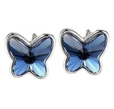 Pendientes Swarovski® Mariposa para Mujer. Plata de Ley 925, Cristal Swarovski Elements Autentificado Color Azul Vaquero (Blue Denim). Caja con Corazón para Regalo