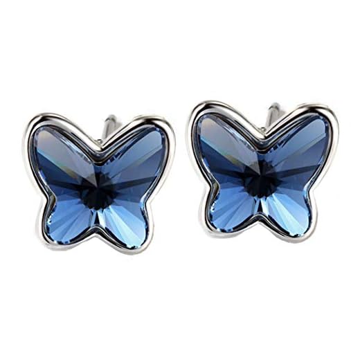 Pendientes Swarovski® Mariposa para Mujer. Plata de Ley 925, Cristal Swarovski Elements Autentificado Color Azul Vaquero (Blue Denim). Caja con Corazón para Regalo