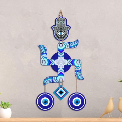 Image of Artvibes Artistic Swastik Wall Hanging with Evil Eye Charms | Decorative Wooden Vastu Ornament for Home Entrance | Spiritual Decor for Prosperity | Harmony and Protection | Wall Art Gift (WH 85107N)