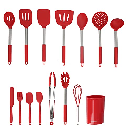 Fyearfly Lot de 15 ustensiles de cuisine en silicone, anti-adhésifs, poignée en acier inoxydable, résistant à la chaleur, rouge