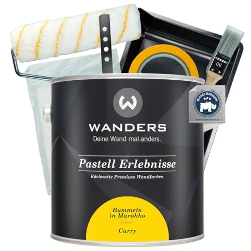 Wanders Pastell Erlebnisse Wandfarbe 2,5L (Curry, Gelb) inkl. Streichset Basic – Premium Kreidefarbe, Leichte Anwendung, Hochdeckend, Ultramatt, Perfekt für Heim-DIY