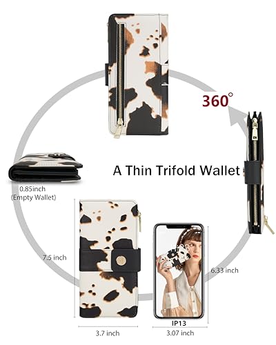 Image of Cow Women's Trifold Wallet,Large Capacity RFID Long Wallet | 16 Card Slots,2 ID Windows,4 Bill Compartments,Vegan Leather,Double Zipper Pockets,Large Capacity Organizer