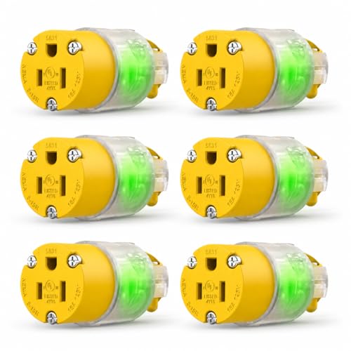 6 Packs Lighted Extension Cord Ends Replacement Female Plug 3 Prong 15A 125V NEMA 5-15R, Electrical Replacement Plug,Female Extension Cord Ends, 15 Amp Electric Plugs, UL Listed,Yellow