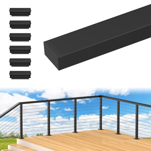 PLANTOP 8FT Stainless Steel Cable Railing Handrail, Black Rectangular Handrail for Indoor Outdoor Deck Stair Cable Railing System, Length Adjustable Flat Top Rail with Nylon End Caps, MY01