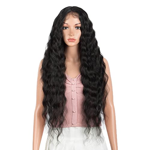 Joedir Lace Front Perücken 76CM lange gewellte synthetische Perücke tiefer Teil HD transparente Spitze mit Babyhaar für Frauen 130% Dichte Perücken (schwarz) Cover