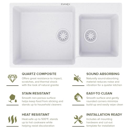 Image of EVANEX Quartz Kitchen Sink|Double Bowl Sink for Kitchen|Topmount /Undermount Kitchen Sinks|Sand-Pluto Double Sink with Connector, Waste Pipe, Coupling and Drain Basket|34x20x9 Granite Kitchen Sinks