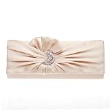 Damara Womens Pleated Satin Moon Shape Crystal Clutch Evening Bag, Champagne