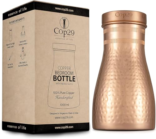 Cop29 Borraccia fatta a mano Dolny in rame martellato lucido per camera da letto, brocca con coperchio, caraffa d'acqua da comodino (per uso interno con coperchio allentato) – 1000 ml/34 oz