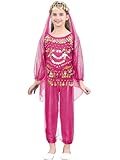  Zaldita Enfant Fille Déguisement Indien Princesse Ensemble Costume de Danse du Ventre Oriental Belly Dance Top Pantalon Franges Brillant Robe Performance Rose Vif 5-6 Ans