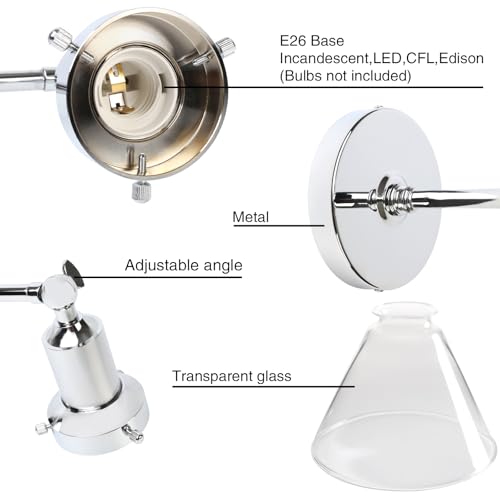 Image of PERMO Industrial Vintage Slope Pole Wall Mount Single Sconce with Funnel Flared Clear Glass Shade Chrome Wall Sconce Light Fixtures