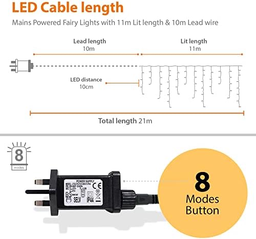 ANSIO® Outdoor Christmas Lights 320 LED 11m/35ft Icicle Lights Outdoor & Indoor Cool White Decorations String Fairy Outside Lights with Timer for Xmas Garden Bedroom & Party|Mains Powered Green Cable