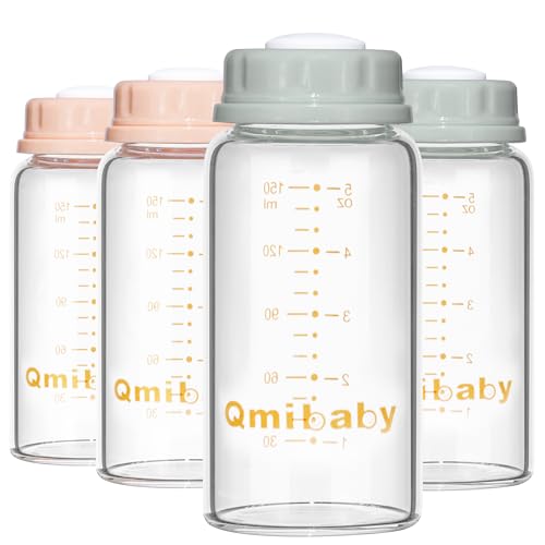 Qmibaby Natural Glass Baby Bottle 150ml 5oz Standard Neck Breast Milk Storage Bottles Compatible with Medela Breast Pumps for Breastmilk Storage Bottle BPA-Free 4 Pack (Grey+Pink, 150ml-4Packs)