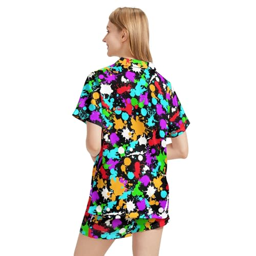 Image of Funny Pajamas for Women Set Print Satin Loungewear Pjs Short Sleeve Button Down Top and Shorts Sets Sleepwear XS-3XL
