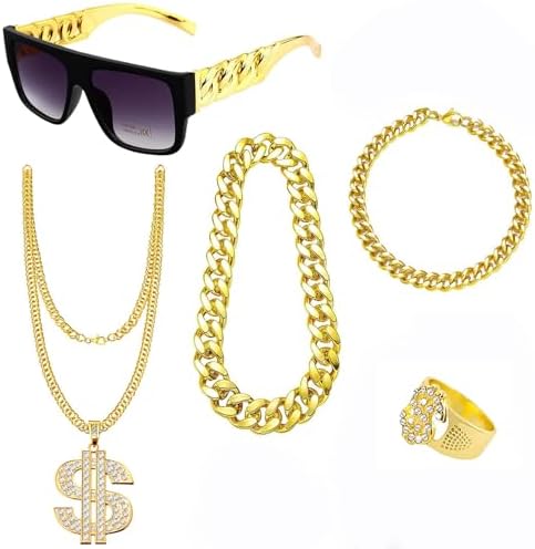 4 Pièces Kit De Costume Hip Hop, Accessoires De Rappeur Des Années 80/90 Avec Chaîne D'or Signe De Dollar Collier Bague Bracelet, Unisexe Accessoires