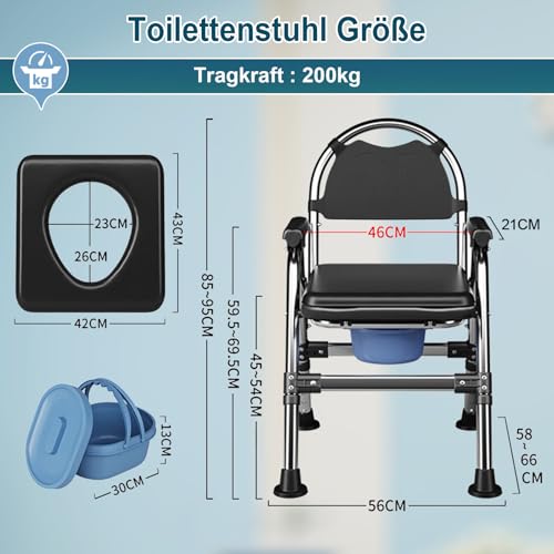 Toilettenstuhl für Senioren Klappbar, Höhenverstellbar Toilettenstühle Duschstuhl mit Toiletteneimer & Doppelkissen, Bequem Rutschfest WC Stuhl Nachtstuhl bis 200kg für Behinderte Schwangere (Schwarz)