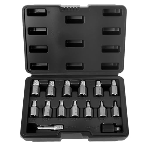 15 Pieces Screw Extractor Set, 3/8" Hex Drive Easy Out Bolt Extractor Kit, ulti-Spline Screw Remover Tool Kit for Removing Stripped, Broken Rusted Bolts Screws