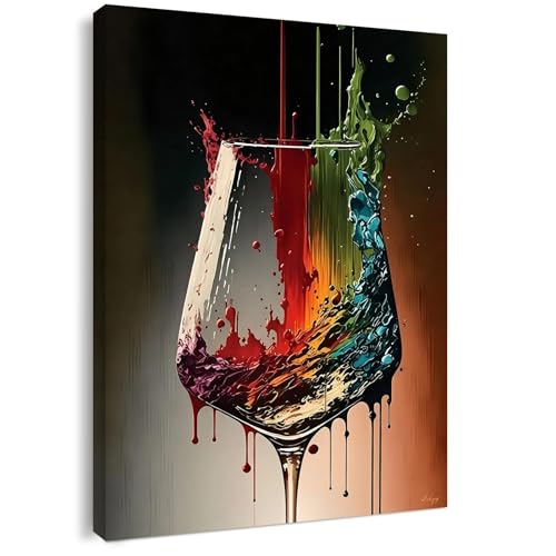Canvas Wall Art Framed Abstract Wine Glass Colour Splash Artwork Modern Colourful Wall Decor for Living Room Dining Room Kitchen or Bar Area Home Decoration with Hooks and Nails 12x16 Inch