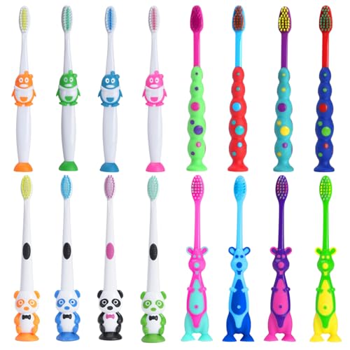 Newday 16 Pack Kids Toothbrush Bulk Soft Bristles Toddler Cute Toothbrush with Suction Cup Includes Travel Covers Individually Wrapped Toothbrushes Animal Design for Childrens toothbrushes