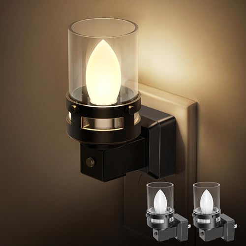 Briignite Candle Night Light Plug in [2 Pack], Vintage Night Lights Plug into Wall, LED Night Light with Dusk to Dawn Light Sensor, 3000K Warm White Candle Nightlight for Kids Hallway Bathroom Bedroom