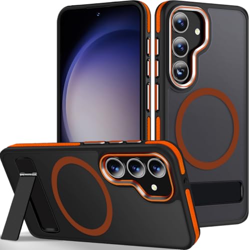 Image of MALEWOLF for Samsung Galaxy S24 Case, [Built-in Stand] Anti-Skid TPU Edge & Matte Translucent S24 Case, Compatible wit Magsafe, Slim Shockproof Magnetic Phone Case for S24 5G (Black /Orange)