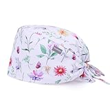 Kousenpu Surgical Scrub Cap for Women, Long Hair Friendly Adjustable Medical Hat with Sweatband, Floral Butterfly Print Bouffant Caps
