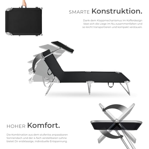 TecTake Gartenliege Sonnenliege Strandliege Freizeitliege mit Sonnendach 190cm -Diverse Farben- (Schwarz) - 4