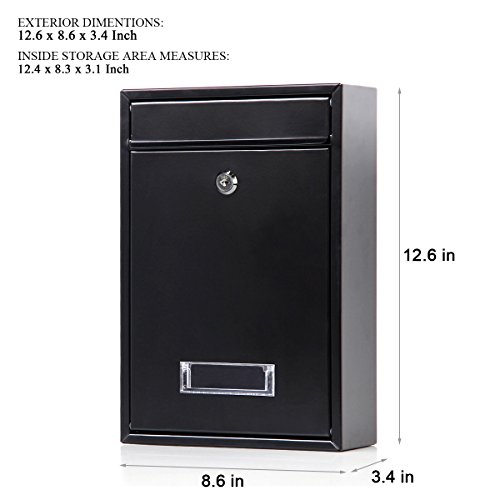 Image of Locking Mailboxes Wall Mounted Vertical - Jssmst Key Lock Drop Mail Box Medium Capacity Galvanized Steel Cover Rust-Proof Metal Post Box, 12.6 x 8.5 x 3.4 Inch, Black, SM-0601L