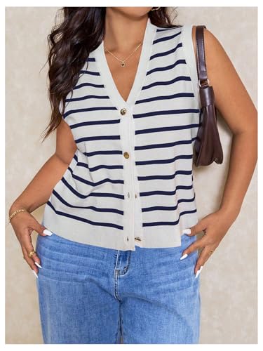Image of Verdusa Women's Plus Size Old Money Vest Tops 2025 Striped Sleeveless Button Up Sweater Vests