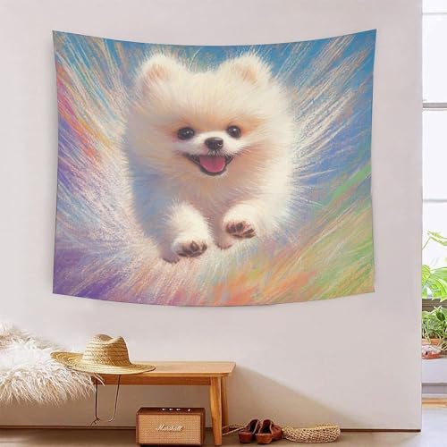 kaiyun Weißer Zwergspitz Tapisserie-Wandbehang, Springender Welpe Wandteppich Für Schlafzimmerdekoration,Geburtstagsfeier Oder Gartenkulisse 150cmx200cm