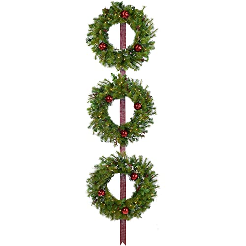 Fraser Hill Farm Prelit 3-Piece Hanging Holly Berry 20" Wreath on Red Ribbon, Warm White LED Lights