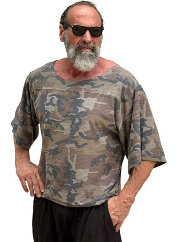 Men's Oversize Camo Rag Top Gym Bodybuilding and Lifting T-Shirt with 3/4 Sleeve Vintage Old School Rag Top