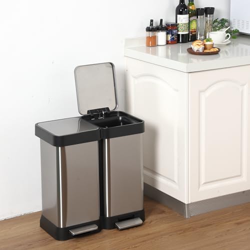 GarveeHome 10 Gallon Step-Open Dual Trash and Recycling Bin with Soft-Close Lid, Modern, Minimalistic for Home, Kitchen, Laundry Room, Office, Bedroom, Bathroom, Without Inner Bucket, 40L(2x20L)