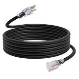 EP Cable de extensión iluminado para exteriores de 15 pies – 12/3 SJTW resistente cable de extensión negro con enchufe de 3 clavijas – Cable de alimentación para césped, electrodomésticos