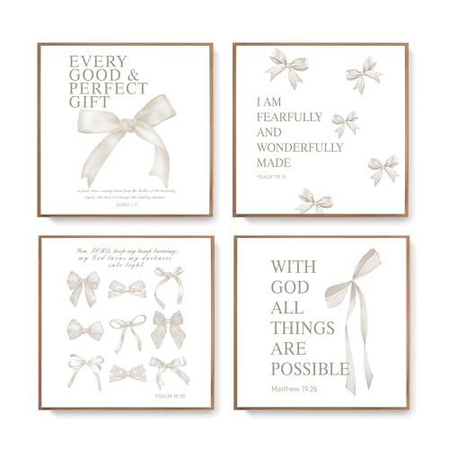 Image of LARTSFRO Coquette Beige Bow Wall Art Decor Posters, Beige Bow Christian Room Bedroom Bathroom Dorm Wall Art Decor Aesthetic for College Teen Girls Gifts, Inspirational Bible Verses Bow Wall Decor, 10x10 Inch Set of 4 Pcs Bow Pictures (UNFRAMED)