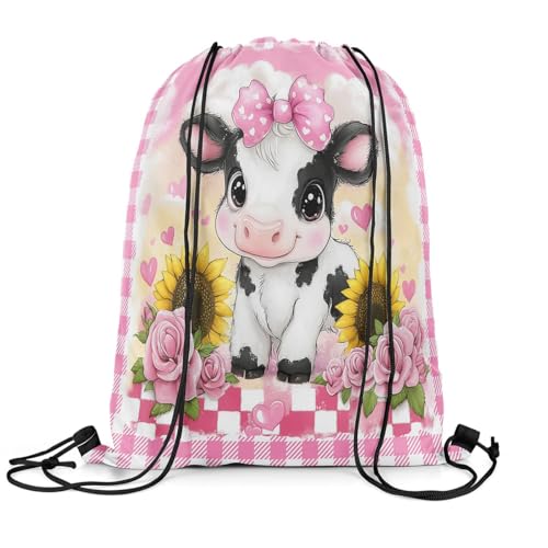 Cute Bowknot Cow Drawstring Bag 13"x16" Cartoon Rose Sunflowers Wild Animal Drawstring Backpack for Gym Travelling Pink Plaid Hearts Rustic Style Water Resistant String Bag Sports Sackpack3