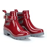 TWODNAWK Women's PVC Platform Lug Sole Ankle Rain Boots with Buckle Comfort Pull on Elastic Band Chunky Heel Anti-slip Waterproof Chelsea Short Garden Work Boots (Red,6)