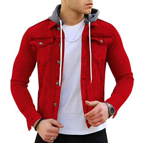 Onsoyours Veste en Jean Homme Blouson Jacket Homme Manches Longues/sans Manches Outwear Trucker Coupe Vent Printemps-Automne Casual Manteau avec Capuche B Rouge M