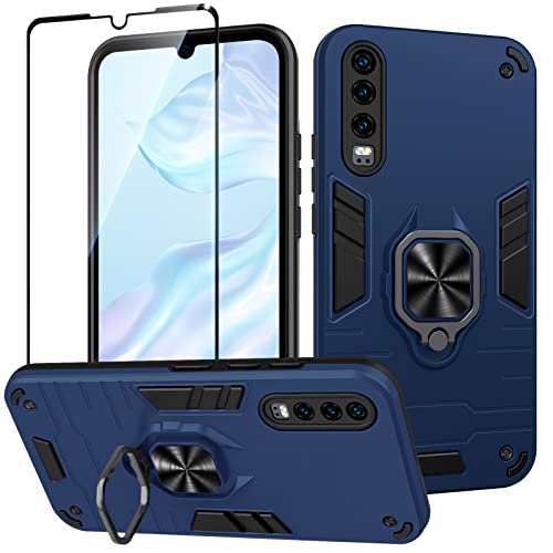Btstring Funda para Huawei P30 con Cristal Templado Protector Pantalla, Carcasa Antigolpes con Soporte anular metálico, Case Protectora de Grado Militar, Azul