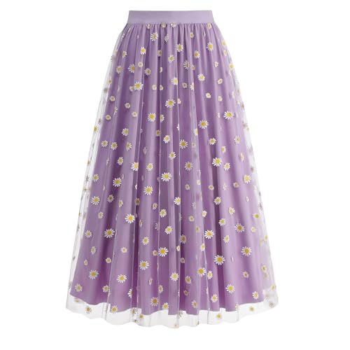 Flowers Embroidery Tulle Midi A-Line Skirt Women's Elastic Waist Flowy Beach Skirts 2025 Trendy Vacation Skirts