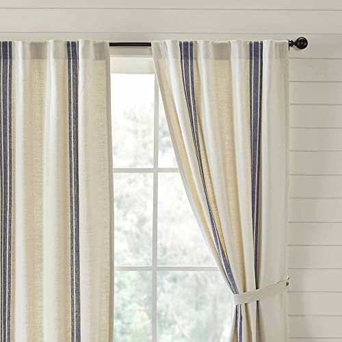 Market Place Blue Grain Sack Stripe Panel Curtains, Set Of 2, 84" Long, Farmhouse Style Blue & Natural Cream Window Drapes #TOP3