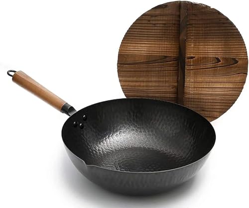 Wok tradicional de hierro con tapa de pino