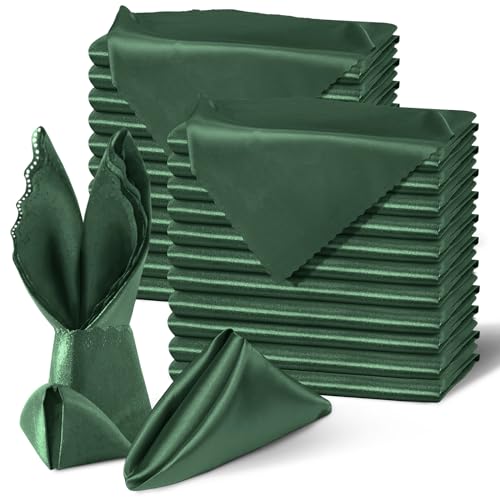 Homiest 100 Pack Forest Green Satin Dinner Napkins - 20x20 Inches, Scalloped Square, Silky Elegant Wedding Napkins for Restaurant, Graduation Party