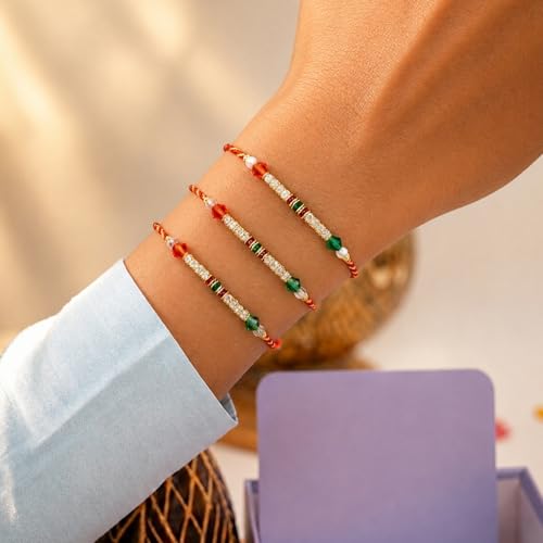 Image of Peora Om Shree Ram Swastik Rakhi for Brother Bhaiya | Crystal & Beads Studded | Red Thread | Raksha Bandhan Hamper with Roli Chawal Greeting Card