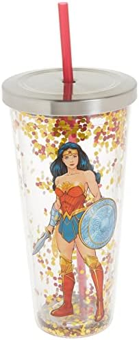 Spoontiques - Glitter Filled Acrylic Tumbler - Glitter Cup with Straw - 20 oz - Stainless Steel Locking Lid with Straw - Double Wall Insulated - BPA Free - Wonder Woman - Multicolor