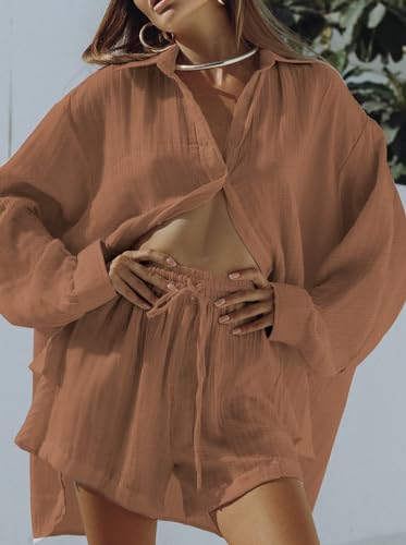 VamJump Women's 2 Piece Outfits Casual Long Sleeve Button Down Shirt and Shorts Tracksuit Matching Sets3